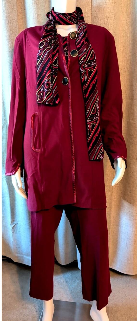 Bob Mackie Pant Suit Burgundy Large Button Jacket Red Pants Scarf Blouse Paisley